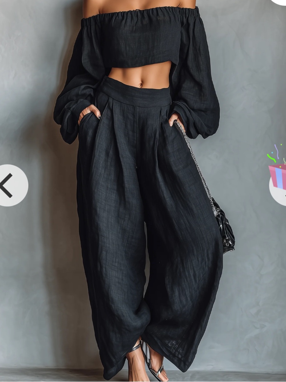Modesees NEW Linen Blend Black Off-Shoulder Crop Top with Wide Leg Pants Set